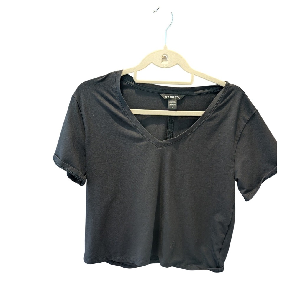 Athleta Womens Black Supima Cotton V-Neck Short Sleeve T-Shirt Size M Cropped